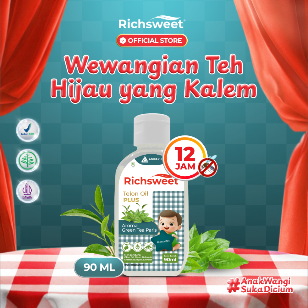 Richsweet Minyak Telon Plus Aroma Green Tea 90ml / Perlindungan sampai 12 Jam Anti Nyamuk + Ekstrak Daun Bidara