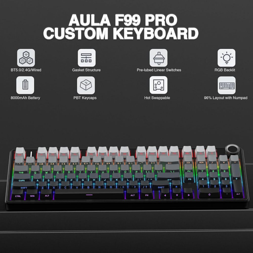 Aula F99 / F-99 PRO Mechanical Gaming Keyboard 96% Layout 3-Mode Connection - Gambar 3