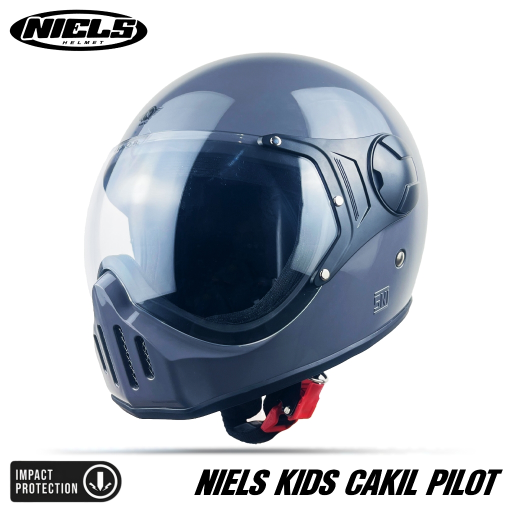NIELS Cakil Anak Helm Full Face Retro Anak Kaca Pilot SNI