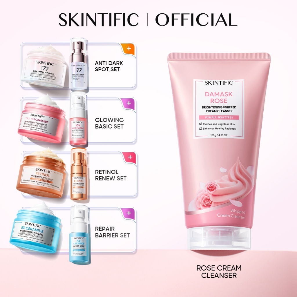SKINTIFIC - 3PCS Moisture Set / Rose Cleanser + Serum + Moisturizer Glowing Brightening Retinol Anti-aging 377 Dark Spot Barrier Repair 3IN1