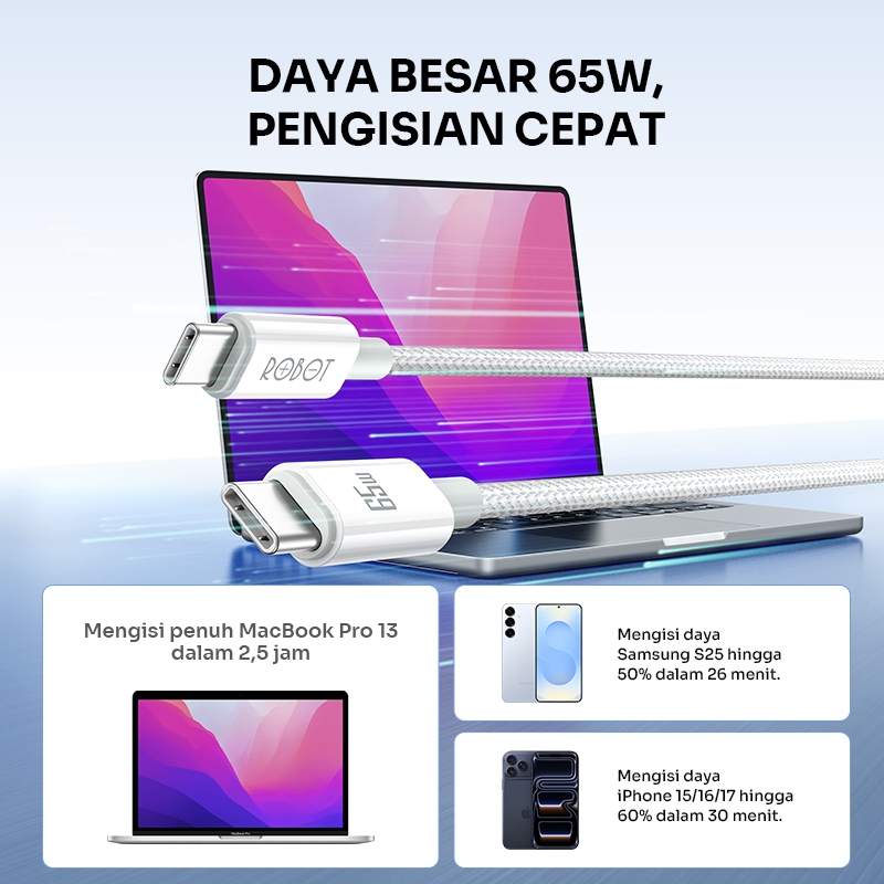 ROBOT Kabel Data 65W Fast Charging PD Type C to C / Lightning / USB A Braided Kabel Charger Quick Charge Laptop iPhone Android-RTX - Gambar 4