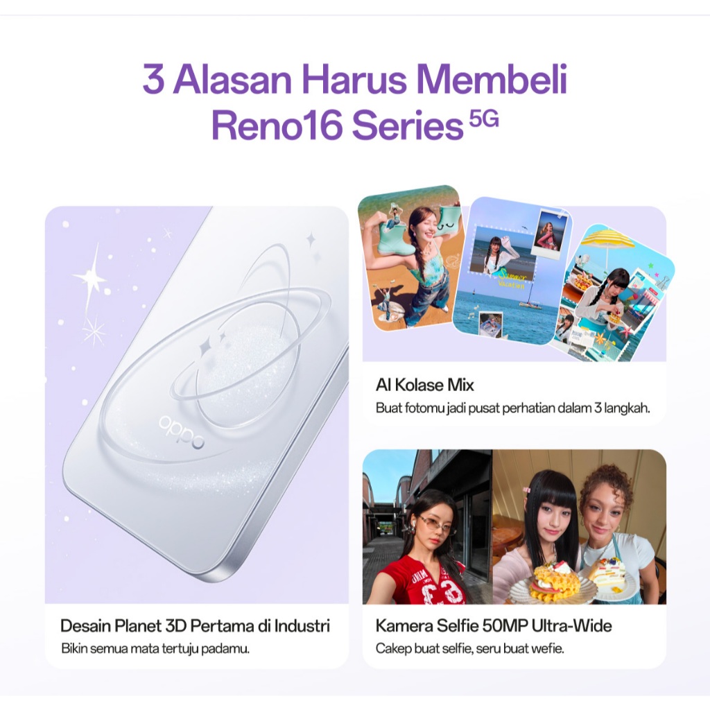 [NEW] OPPO Reno16 F 5G 8GB+128/256GB [3D Pop Planet Design, AI Remix Collage, 50MP Ultra-wide Selfie Camera] - Gambar 3