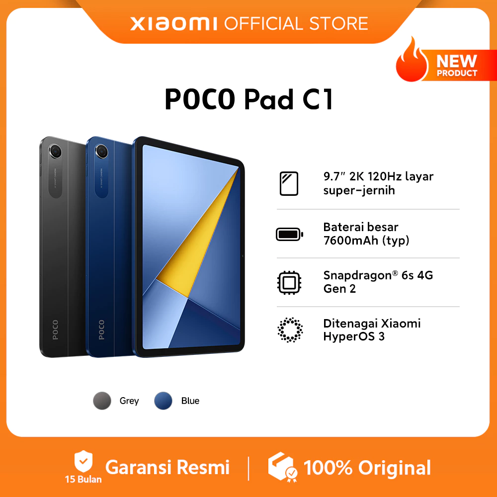 POCO Pad C1 (4GB/64GB) / 9.7" 2K 120Hz layar super-jernih / Baterai besar 7600mAh (typ) / Snapdragon® 6s 4G Gen 2 / Ditenagai Xiaomi HyperOS 3 / Tablet android [Xiaomi Official Store] - Gambar 2
