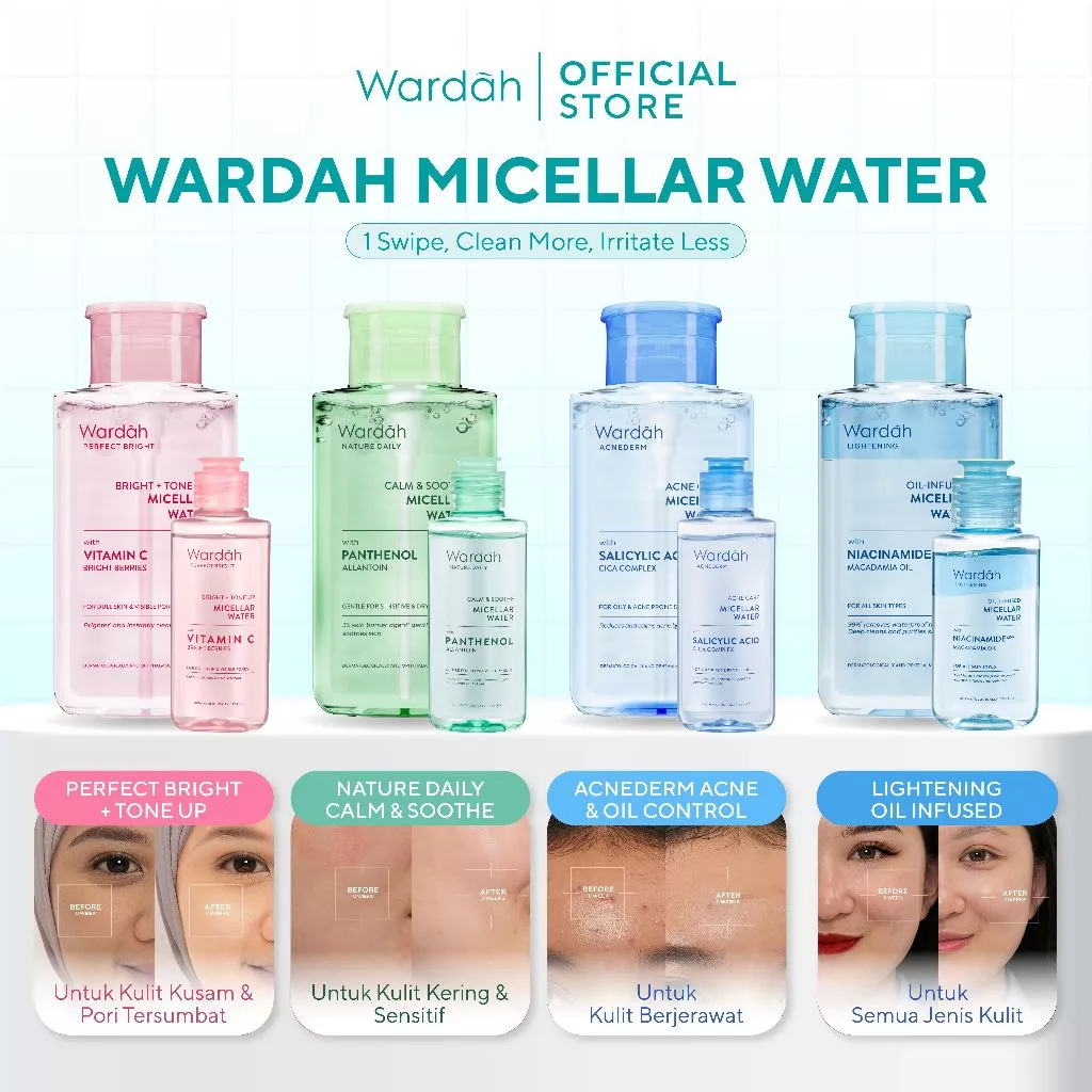 Wardah Micellar Water All Series - Perfect Bright, Calm and Soothe Nature Daily, Acnederm, Lightening Oil Infused - Pembersih Wajah Make Up Remover Waterproof Tanpa Bilas