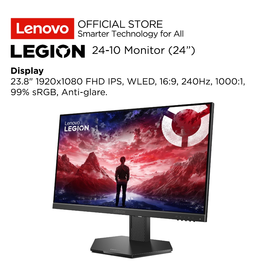 Lenovo Monitor Gaming Legion 24-10 C4WW 23.8" FHD IPS 3-side NearEdgeless WLED 240Hz 99% sRGB Antiglare Tilt, Swivel, Pivot, Height Adjust Stand VESA Mount HDMI DisplayPort AMD FreeSync Premium Monitor 24inch 68C4GAC4WW Raven Black Garansi Resmi - Gambar 2