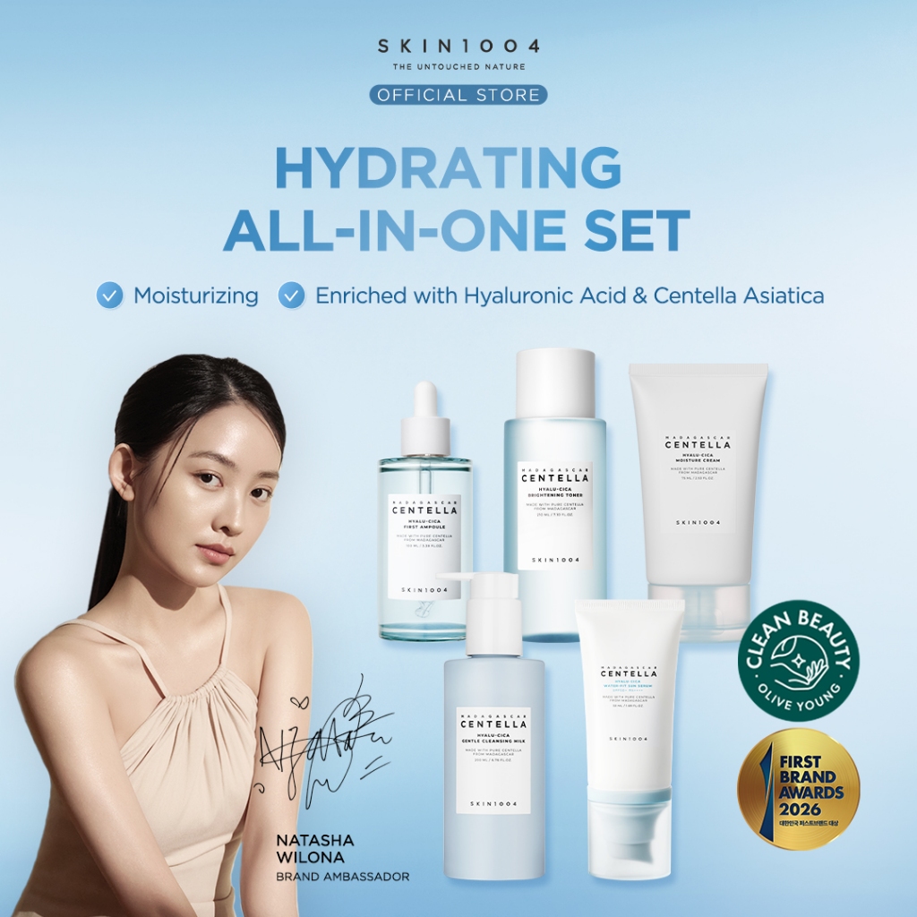 SKIN1004 Hydrating All-in-One Set (Hyalu-Cica First Ampoule 100ml + Brightening Toner 210ml +Moisture Cream 75ml + Gentle Cleansing Milk 200ml + Water-Fit Sun Serum 50ml)