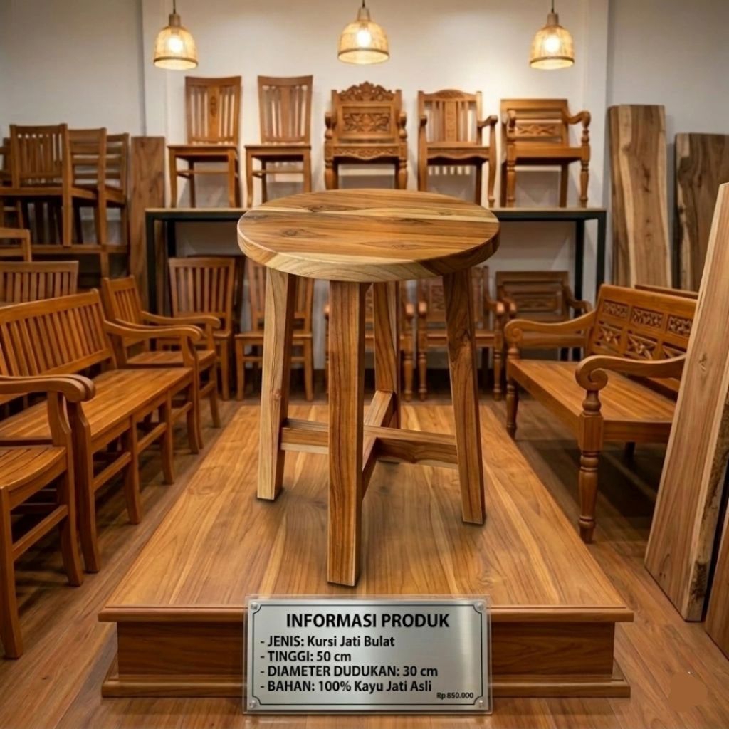 Kursi Bar Bundar Minimalis Tinggi 50 cm Kayu Jati Perhutani Allgrade - senaly -