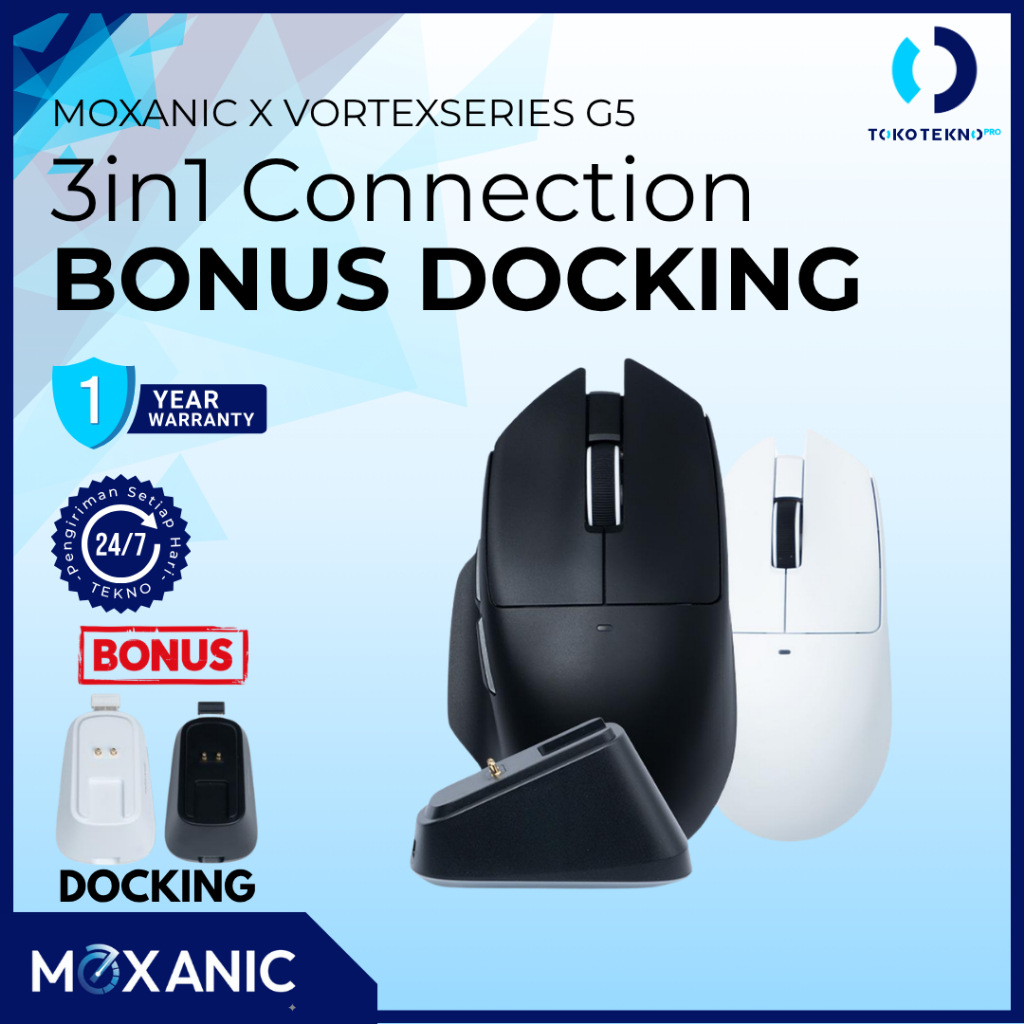 Moxanic X VortexSeries LUMI G5 / G-5 Lightweight Wireless Tri Mode Gaming Mouse Ergonomic PixArt PAW 3311 with Charging Dock