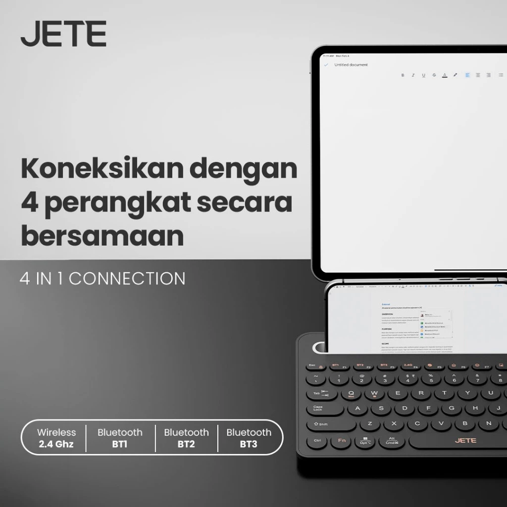 Keyboard Wireless Bluetooth JETE SK101 Multi Devices with USB Dongle Compatible IPad, Smartphone, Android, Laptop with Holder HP Tablet (RTL) - Gambar 2