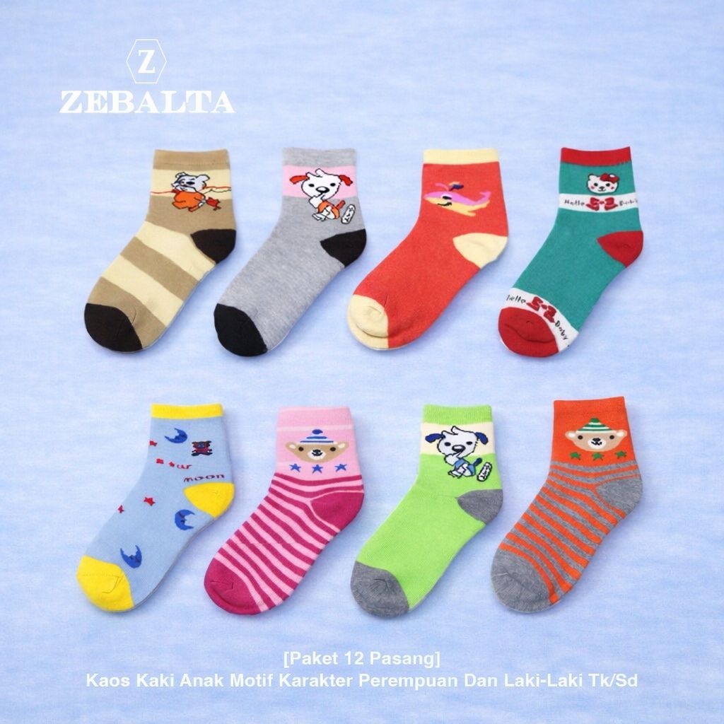 ZEBALTA - [Paket 12 Pasang] Kaos Kaki Anak Motif Karakter Perempuan Dan Laki-Laki Tk/Sd