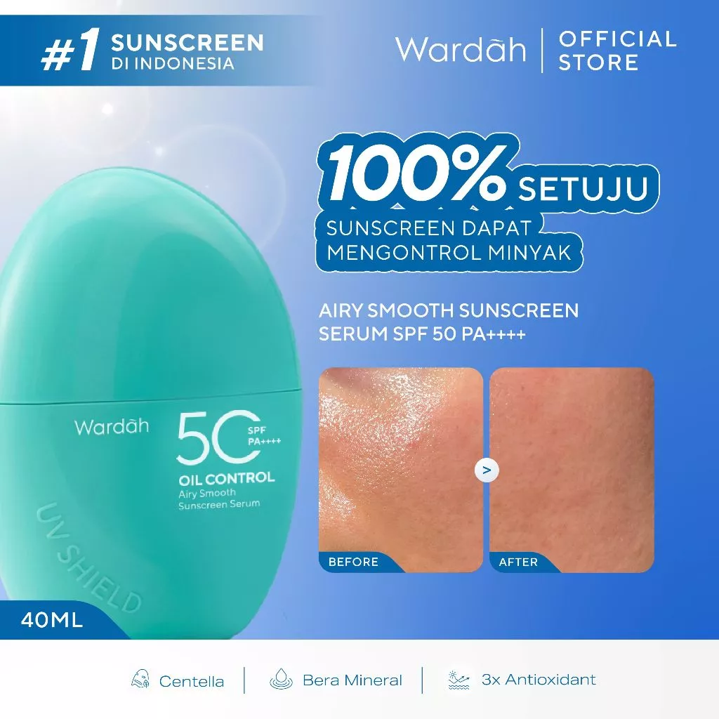 Wardah Sunscreen UV Shield Airy Smooth Sunscreen Serum SPF 50 PA++++ Centella + Bera Mineral + Raykami 40ml - Matte Seharian, Bebas Kusam, Atasi Kulit Berminyak - Sunscreen No. 1 Sunscreen of the Year - Skincare - Gambar 3
