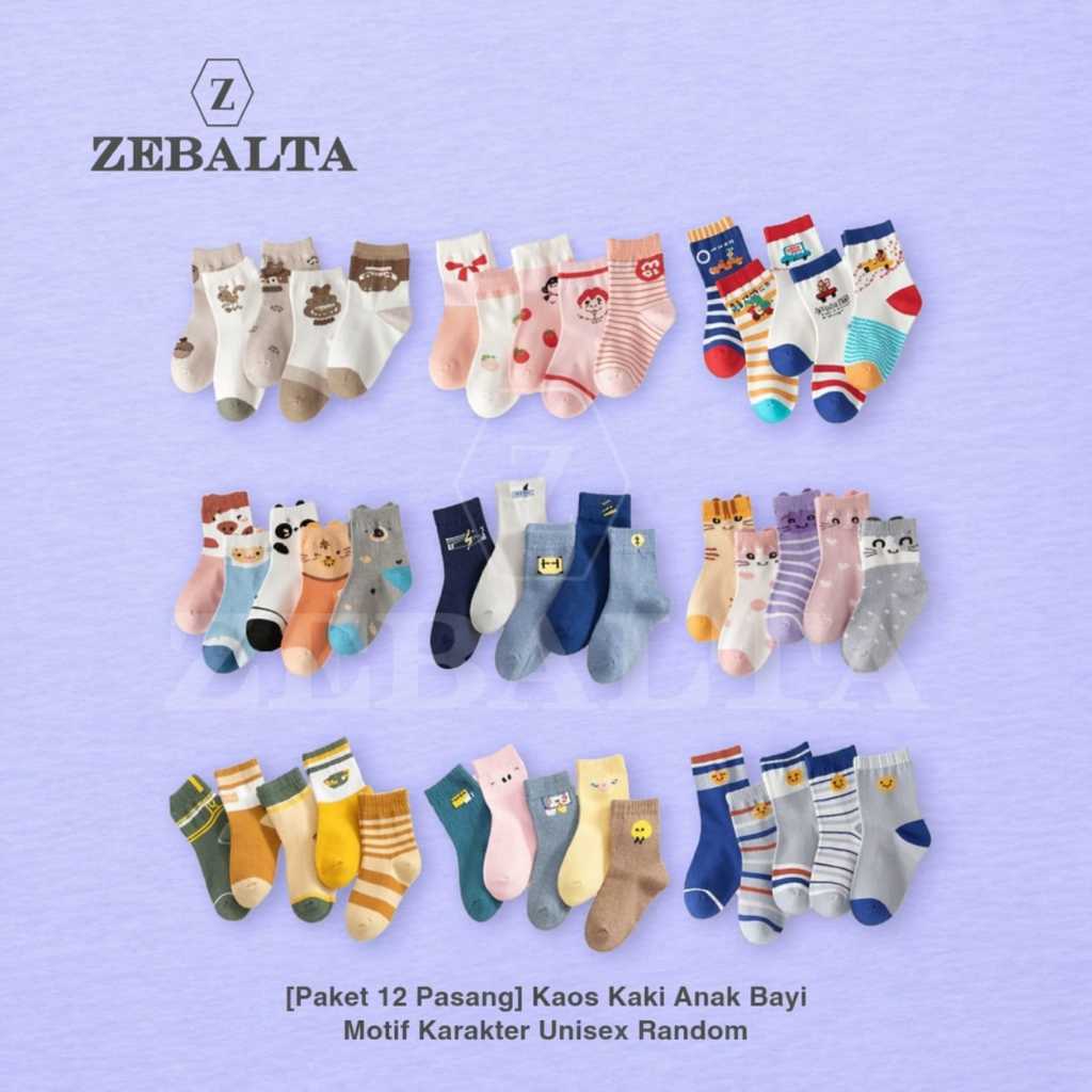 ZEBALTA - [Paket 12 Pasang] Kaos Kaki Anak Bayi Motif Karakter Unisex Random