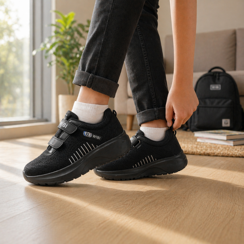 WIBI SP53-02 Sepatu Sekolah Anak laki laki perempuan Hitam Sporty Perekat Mesh Kasual Modern - Gambar 4