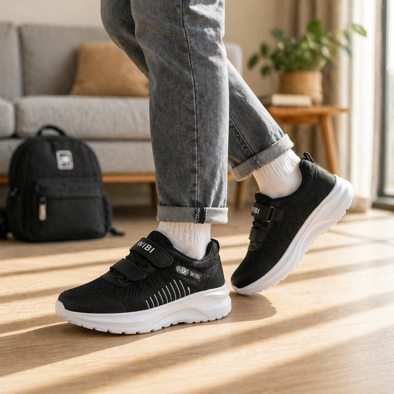 WIBI SP53-02 Sepatu Sekolah Anak laki laki perempuan Hitam Sporty Perekat Mesh Kasual Modern - Gambar 2