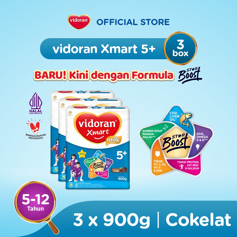 Vidoran Xmart 5+ Imun Up Susu Formula Cokelat [900 G/3 Box] - Exp : 09.2027