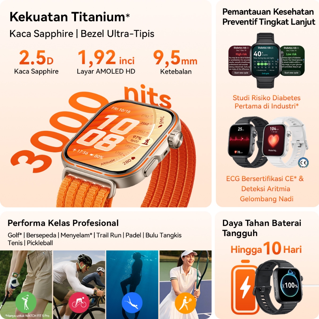 [8.8 s/d 20%*] HUAWEI WATCH FIT 5 Series / Titanium* / Studi Risiko Diabetes & ECG* / Olahraga Outdoor Tingkat Lanjut* - Gambar 2