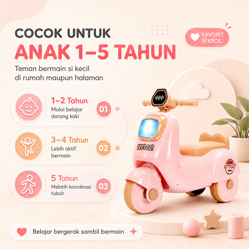 MAGICAL PLAYTIME Motor Anak Tanpa Pedal 1-5 Tahun Sepeda Mainan Ride On Musik Lampu Melatih Kaki Baby Walker - Gambar 2