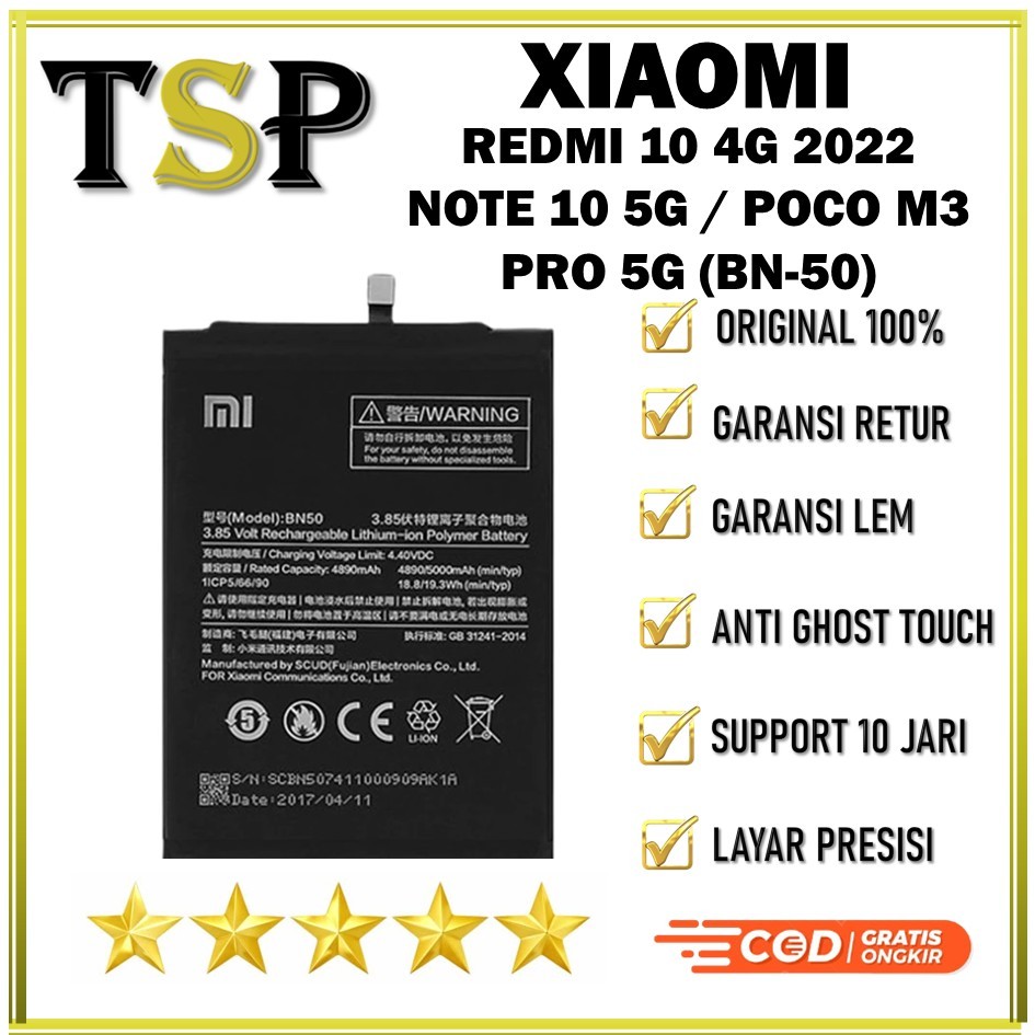 BATERAI XIAOMI Redmi 10 4G 2022 / REDMI NOTE 10 5G / POCO M3 PRO 5G ( BN-50 ) Batre Batrai Baterai ORIGINAL 100%