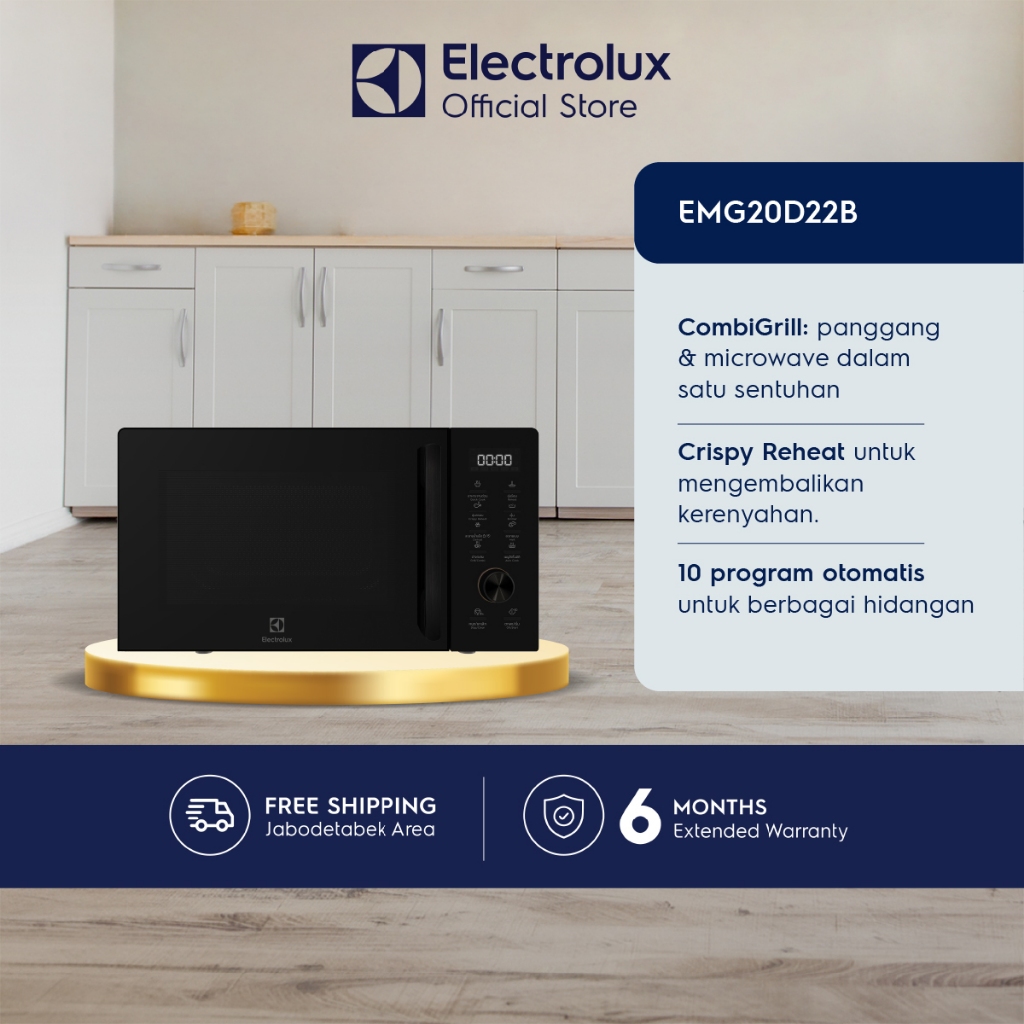 Electrolux Microwave 20L Microwave 8-in-1 : Quick Cook, Reheat, Simmer, Defrost, Melting, Combi Grill, Auto cook Crispy Reheat: Hangatkan Makanan hasil renyah dan lezat Free Grill Rack, Turntable rack Flexible Power : Heating Start 800 W   EMG20D22B