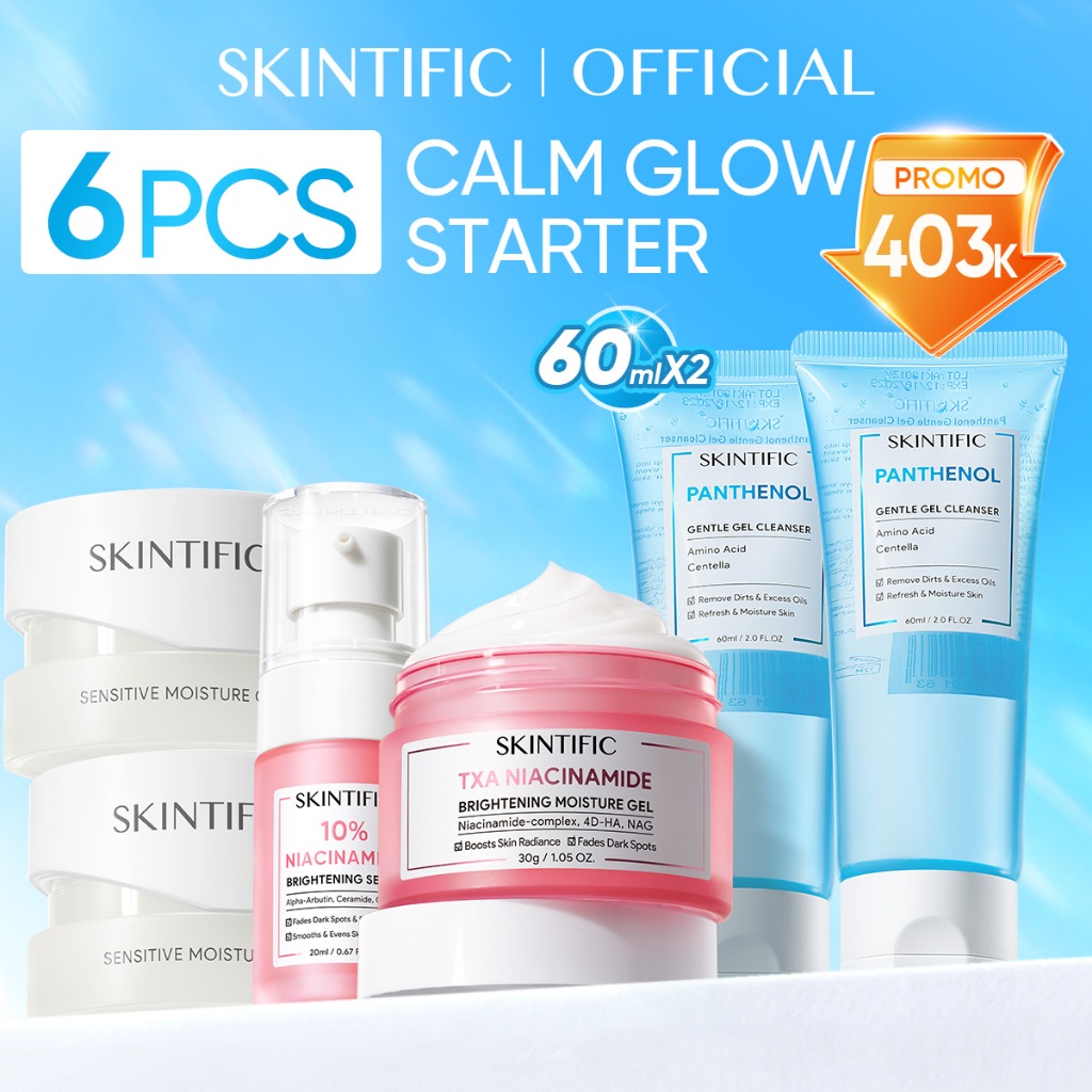 [6PCS] SKINTIFIC Starter Skincare Set – Mini Routine Cleanser + Serum + Toner + Moisturizer + Sunscreen – Paket Perawatan Wajah Pemula – Brightening/Glowing/Dark Spot/Glass Skin/Barrier Repair – Niacinamide/PDRN/377/Ceramide – BPOM - Gambar 4