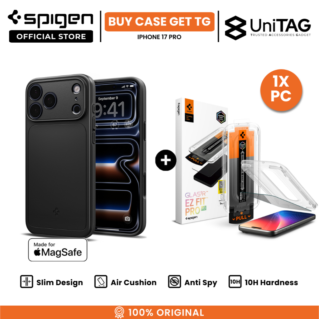 SPIGEN Special Bundling for iPhone 17 Pro Case Thin Fit Magfit Black + Tempered Glass with Tray 1 Pack Glas.tR EZ Fit Pro HD Privacy