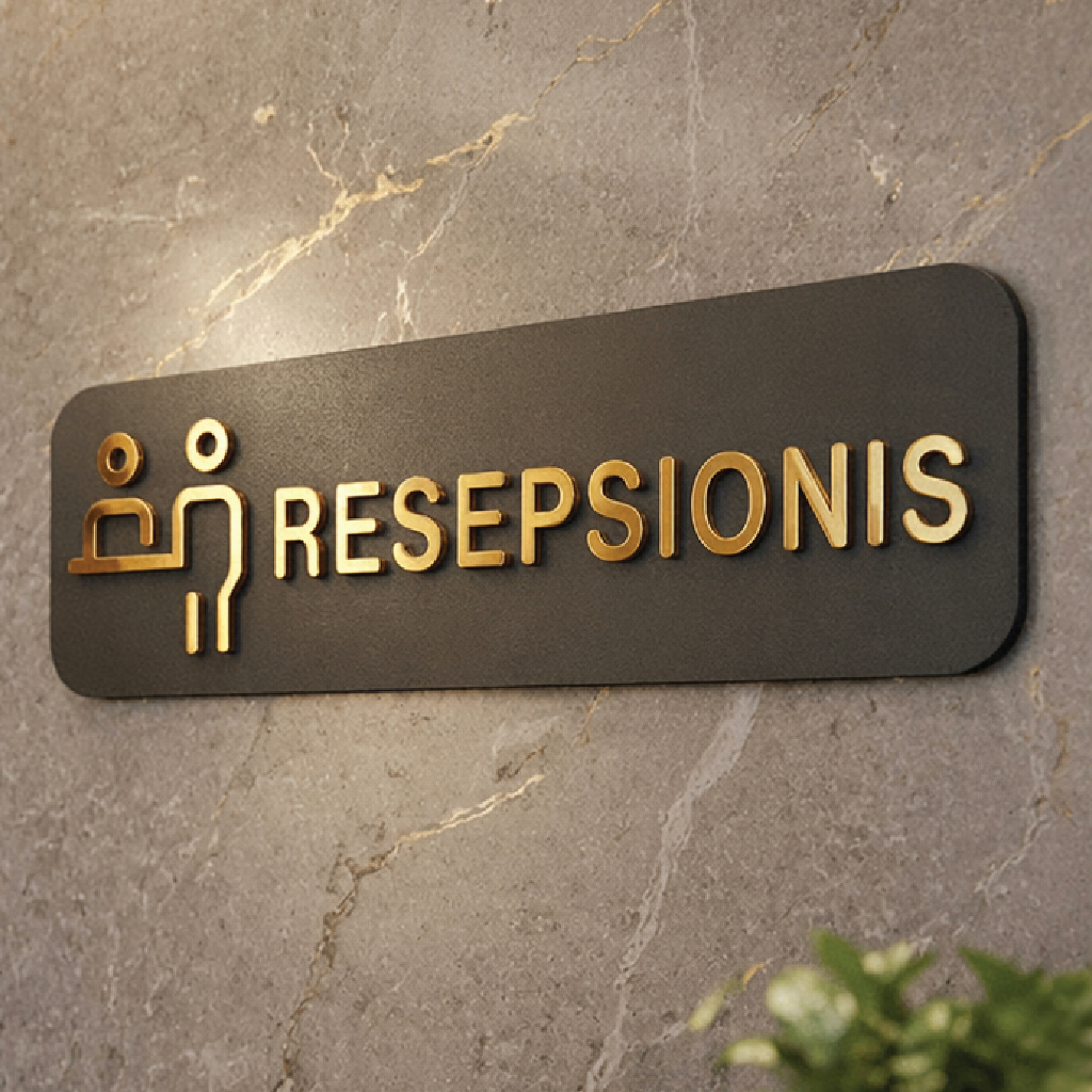 sign tanda Resepsionis akrilik timbul hitam gold mewah elegan bisa custom