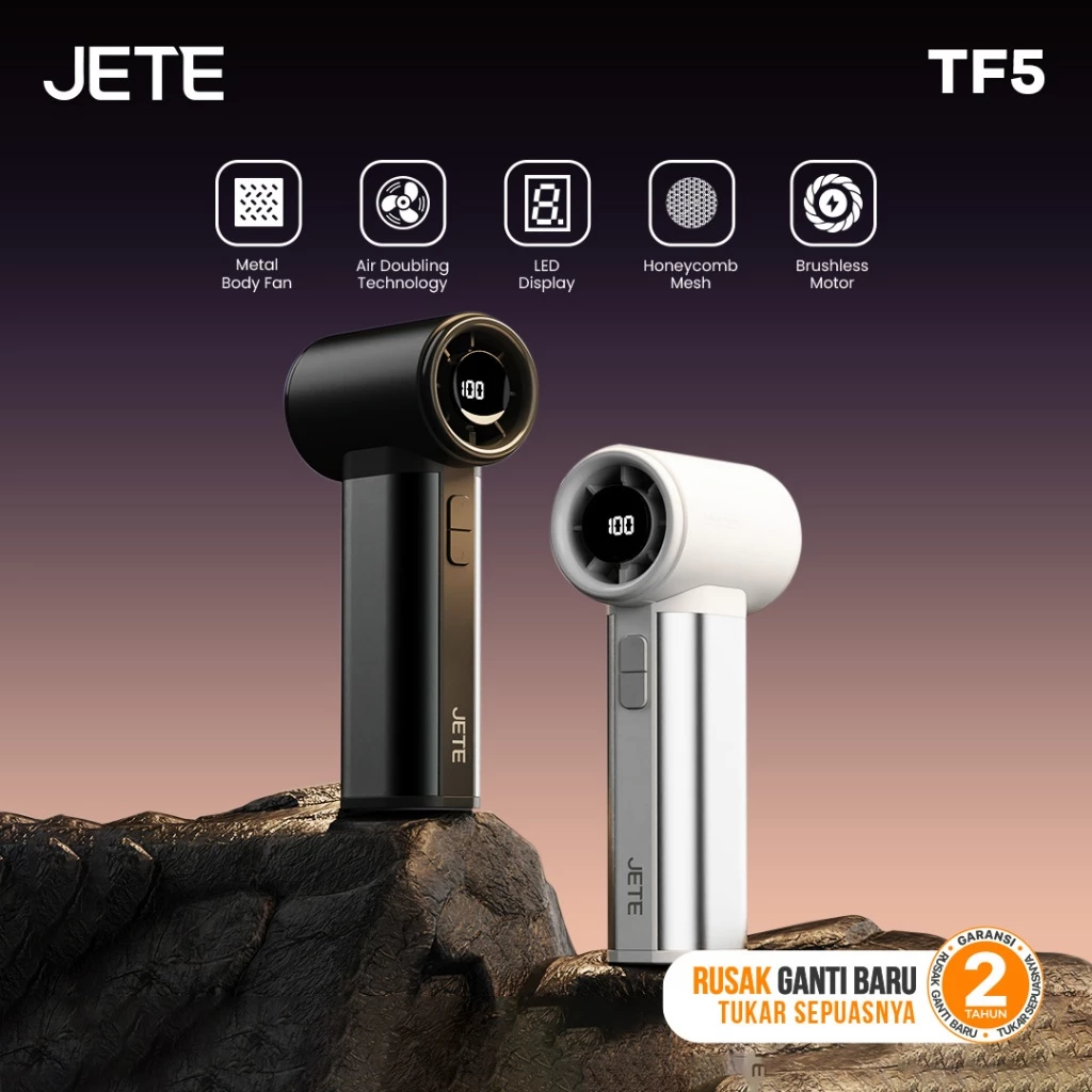 Kipas Angin Portable JETE TF5 Portable Mini Turbo Fan Adjustable 4 Level 4000RPM Kipas Tangan USB Type C Rechargeacble Kipas Travel Handheld (RTL)