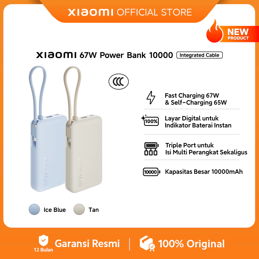 Xiaomi 67W Power Bank 10000mAh (Integrated Cable) / Fast Charging 67W & Self-Charging 65W / Layar Digital untuk Indikator Baterai Instan / Triple Port untuk Isi Multi Perangkat Sekaligus / Powerbank [Xiaomi Official Store]