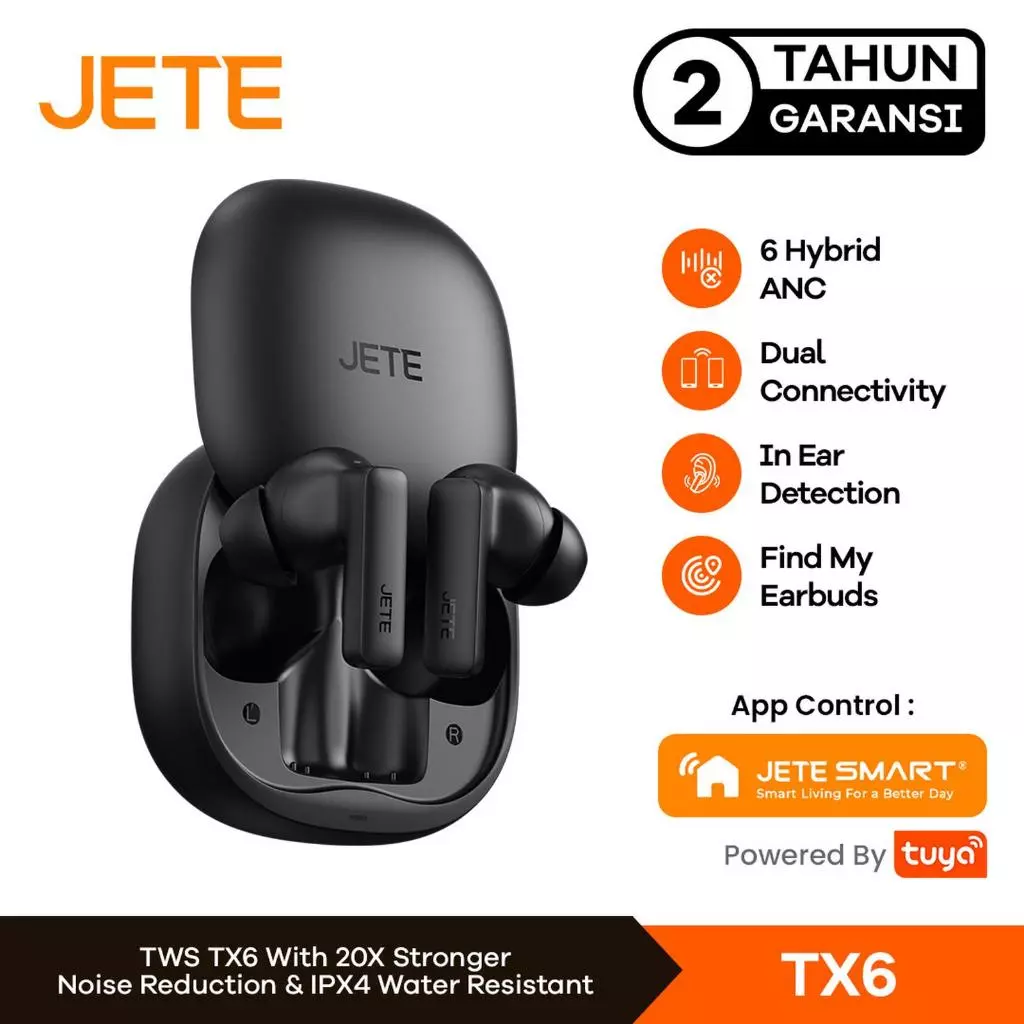 TWS JETE TX6 Wireless Earphone with sliding case Headset Bluetooth V6.0 ANC NOISE CANCELLING IPX4 Super Bass ENC 4 Mic Type C charging (RTL) - Gambar 2