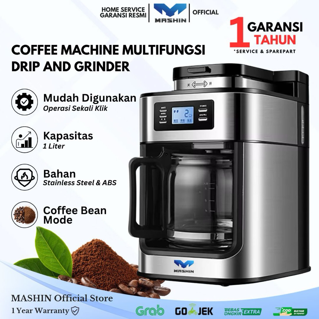 Mashin - Drip Coffee Maker with Grinder Mesin Kopi Otomatis Multifungsi