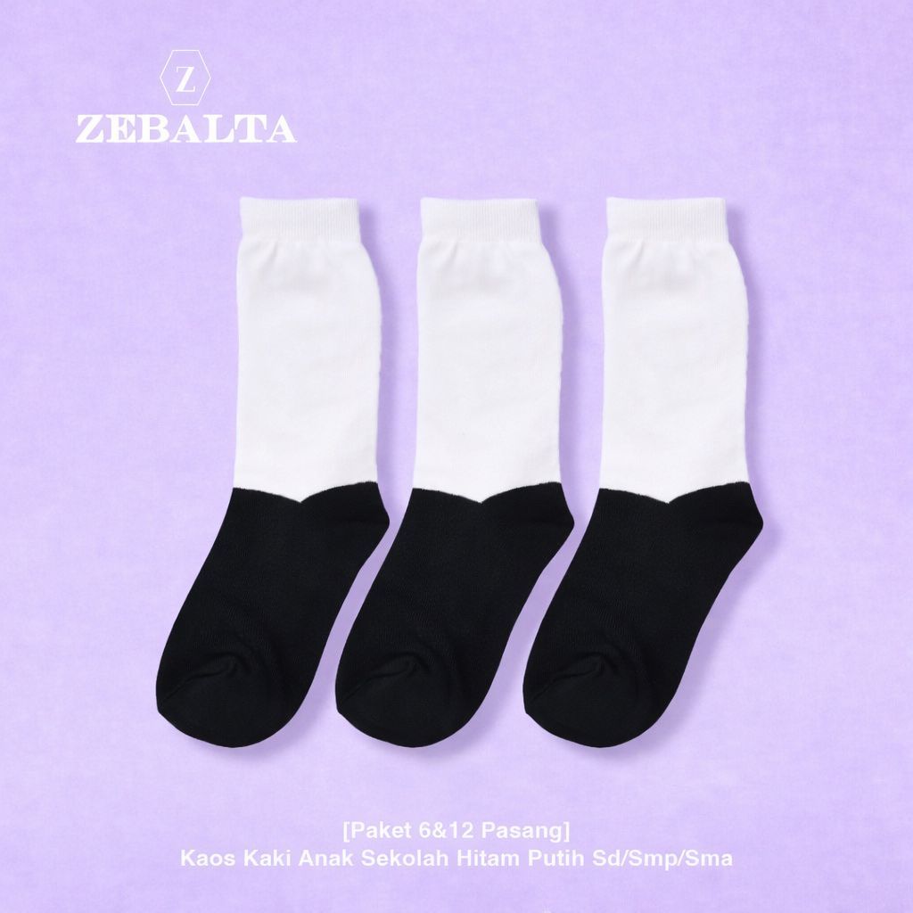 ZEBALTA - [Paket 6&12 Pasang] Kaos Kaki Anak Sekolah Hitam Putih Sd/Smp/Sma