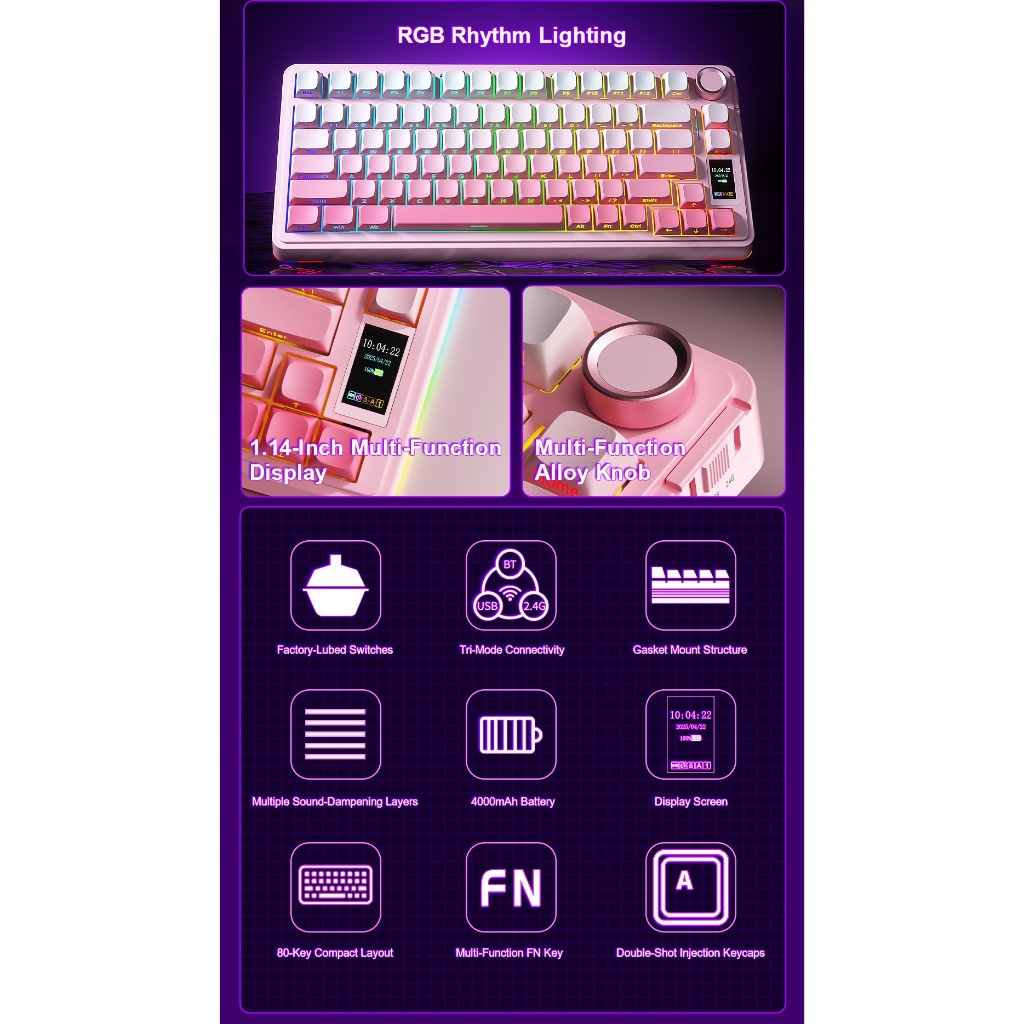 AULA S75 / S-75 PRO Mechanical Gaming Keyboard 3-Mode Connection Gasket With TFT Screen Rotary Knob - Gambar 2