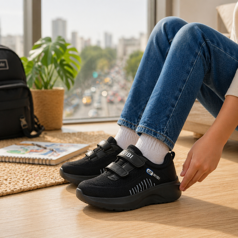 WIBI SP53-02 Sepatu Sekolah Anak laki laki perempuan Hitam Sporty Perekat Mesh Kasual Modern - Gambar 3