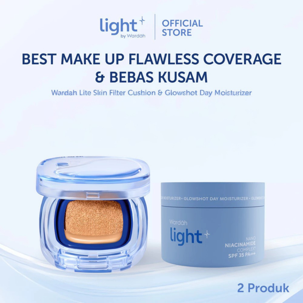 Wardah Lightplus Paket Best Skincare Makeup - Noda Tertutup Seharian, Anti Longsor, Ringan Melembabkan Kulit, Lightening - Lite Skin Filter Cushion, Glowshot Day Moisturizer, Intensive Moisturizer, Zinc Whip Facial Foam, Gentle Facial Foam - Skincare