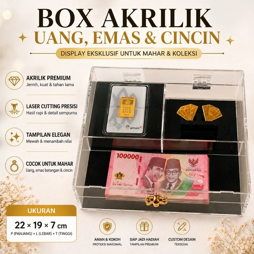 box kotak akrilik uang cincin logam mulia - tempat perhiasan kotak seserahan - kotak logam mulia custom - Gambar 2