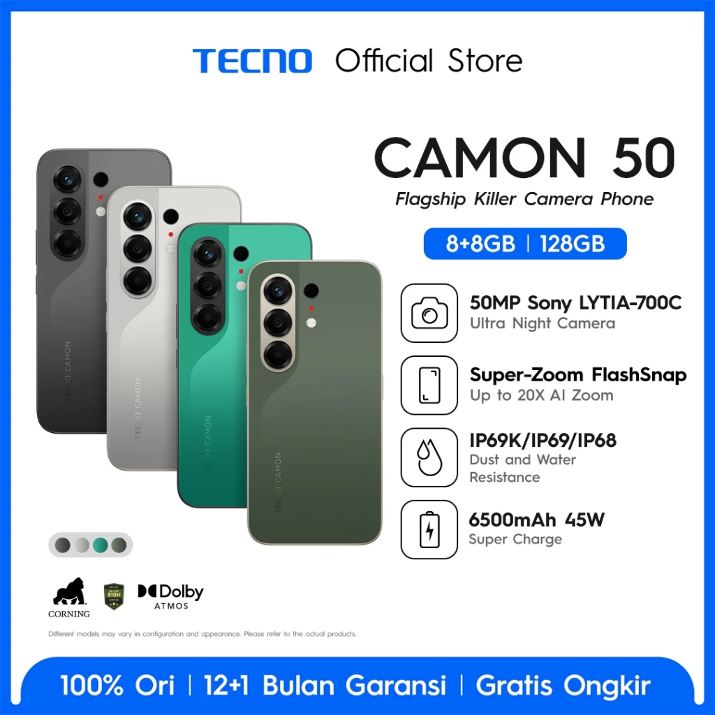 [SUPERZOOM FLASHSNAP] TECNO CAMON 50 8GB+8GB*/128GB, 50MP Sony + 8MP Ultra Wide, 32MP Front Camera, 1.5K 144Hz AMOLED, Mediatek Helio G200 Ultimate , IP69K, 45W Ultra Charging, camon50 - Gambar 2