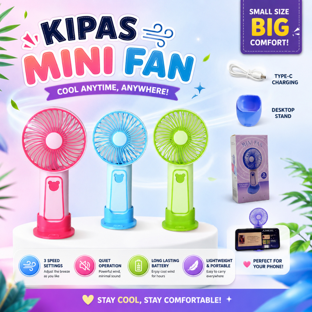 Kipas Mini Fan Portable Handled 3 Wind Speed Charging Cooling Usb Fan Electric Rechargeable Desk Fan