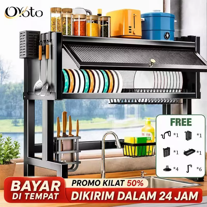 Rak Wastafel Dapur Multifungsi Stainless Steel Rak Dapur With Cover Dish Drainer Penyimpanan Dapur