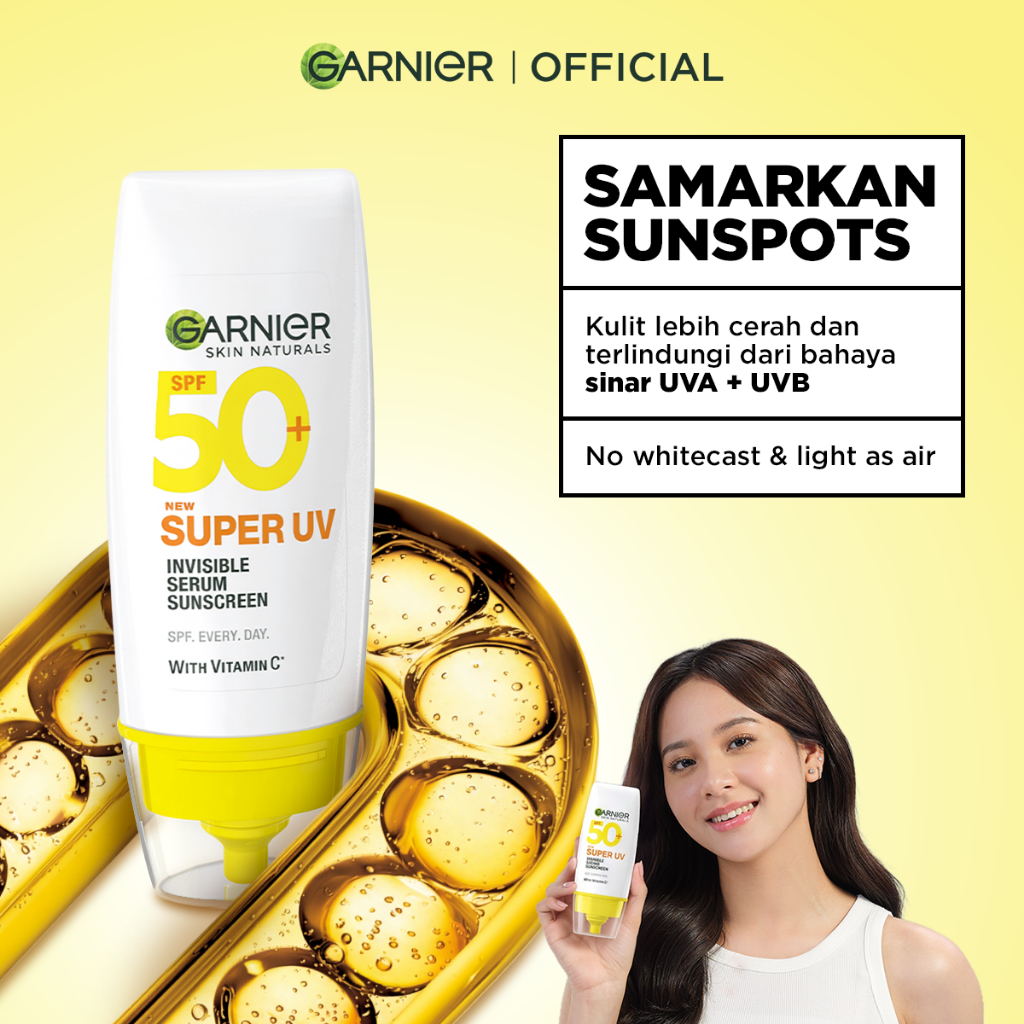GARNIER Super UV Invisible Serum Sunscreen SPF 50+ PA++++ Vitamin C Skincare - 30ml Sunblock Mencerahkan Wajah sunscreen spf 50 pa ++++