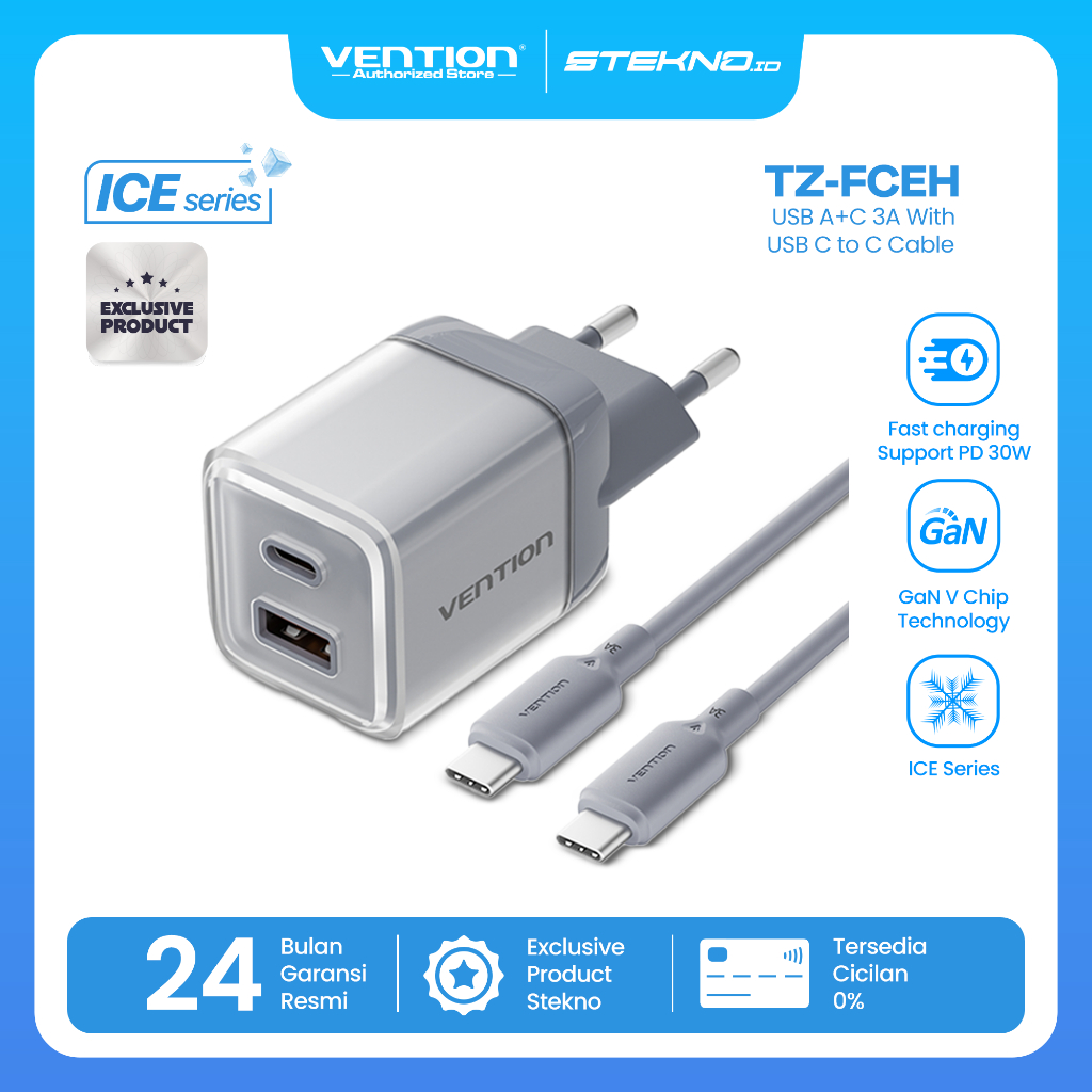 Vention 30W GaN Charger ICE Series with Kabel USB-C to USB-C 3A Fast Charging PD QC Dual Port