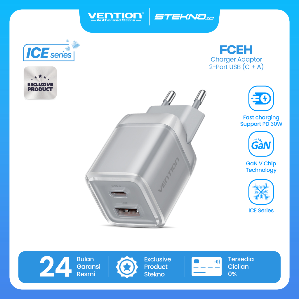 Vention Charger GaN 30W USB Type C Fast Charging Adaptor iPhone 15 16 Samsung Android PD QC Dual Port Ice Series