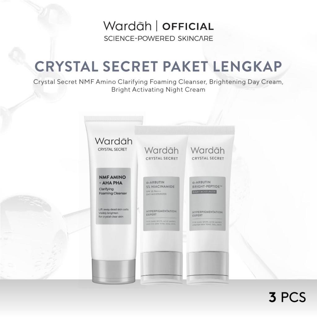 WARDAH Paket Crystal Secret Lengkap - Perawatan Kulit Wajah Sebening Kristal, Skin Barrier, Dark Spot - NMF Amino Foaming Cleanser, a-Arbutin 5% Niacinamide Day Moisturizer, Bright-Peptide 5% Niacinamide Night Moisturizer, Milk Cleanser - Skincare
