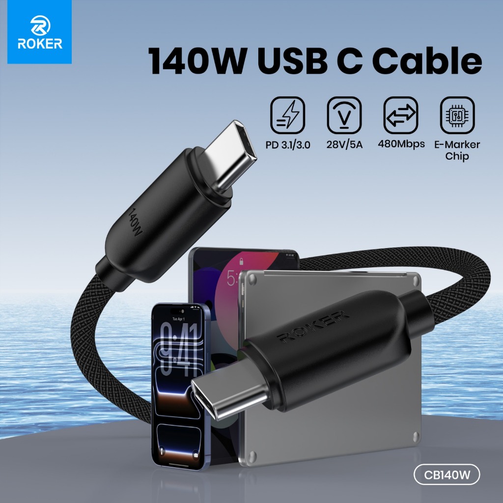 ROKER Kabel CB140W USB C to USB C 140W PD 3.1 Fast Charging E-Marker Chip Type C Cable 5V 28A 140 watt