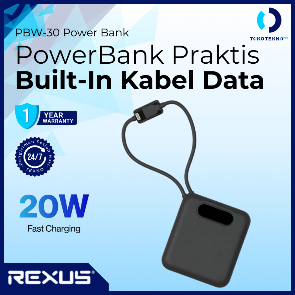 Rexus PBW-30 / PBW30 Travel Powerbank 10000mAh Built-in 20W Type C Cable Fast Charging