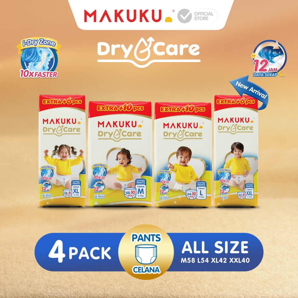 [4 PACK] Makuku Diapers Dry Care 3.0 Jumbo Plus Pack Popok Bayi Celana Pants M48+10 / M48+8/ L44+10 / L44+8 / XL36+6 / XL36+4 / XXL34+6 / XXL34+4