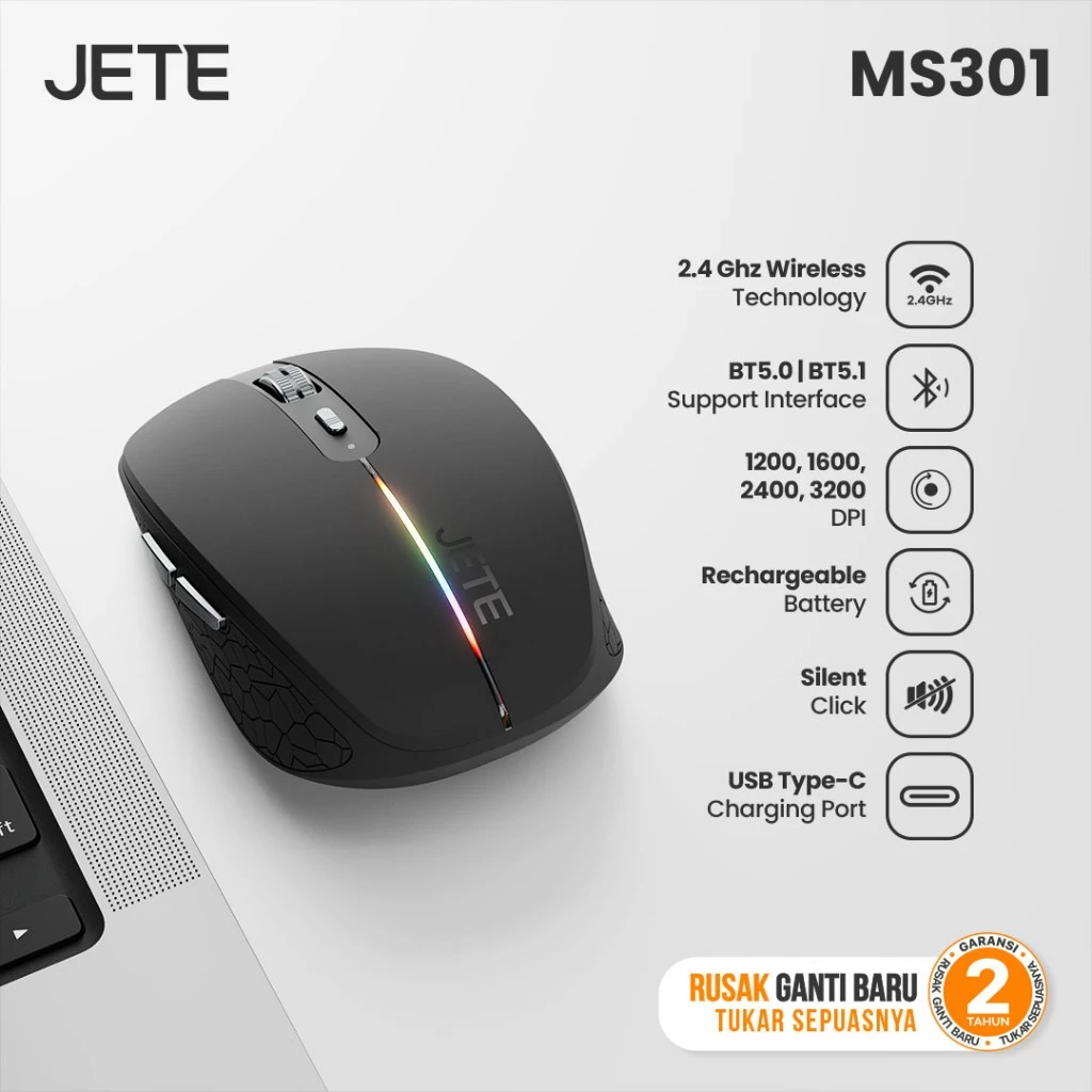 Mouse Wireless Bluetooth JETE MS301 Rechargeable with Dongle USB 3200DPi Compatible All Surface with LED Light (RTL)