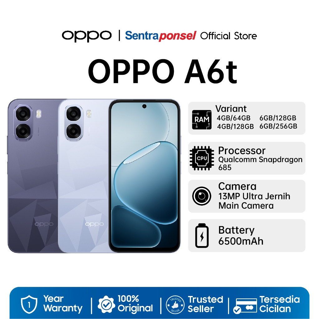 OPPO A6t 4GB+64GB 4GB+128GB 6GB+128GB Snapdragon 685, 6500mAh Large Battery, 120Hz Ultra High Refresh Rate - Garansi Resmi