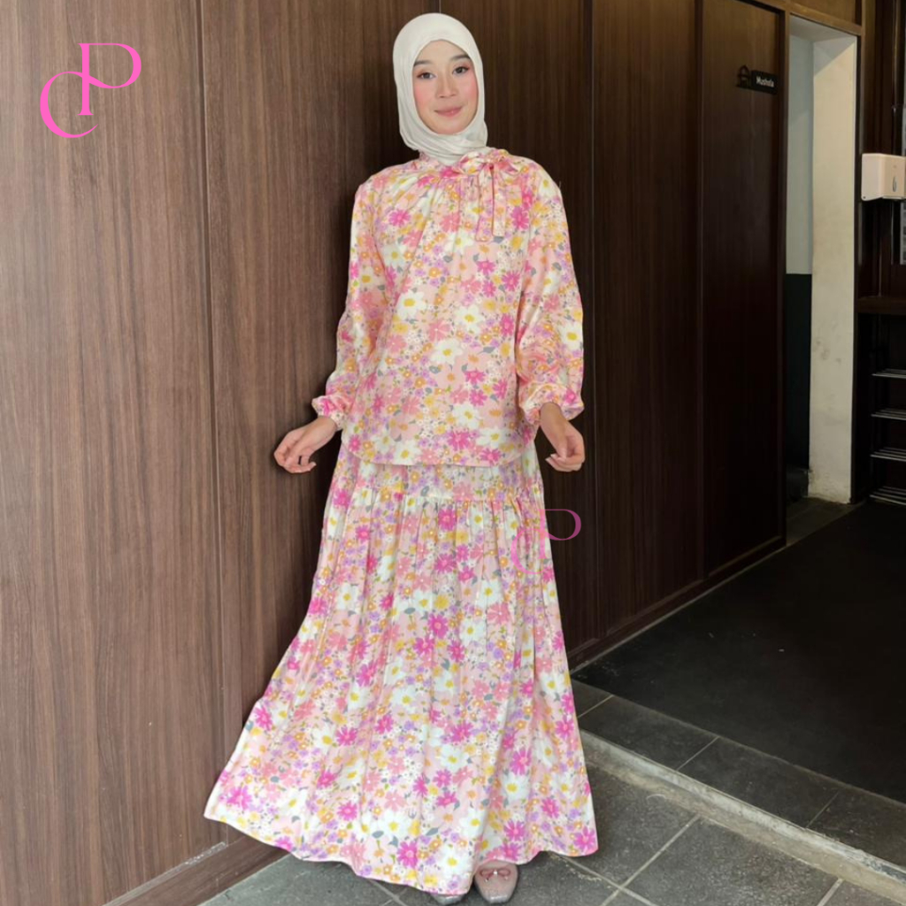 CLASICPUTRI One Set Long Skirt FloralWanita Floral Muslimah Suit/ Long ...
