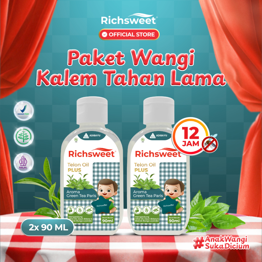 Richsweet Minyak Telon Plus Aroma Green Tea 90ml / Perlindungan sampai 12 Jam Anti Nyamuk + Ekstrak Daun Bidara - Gambar 2