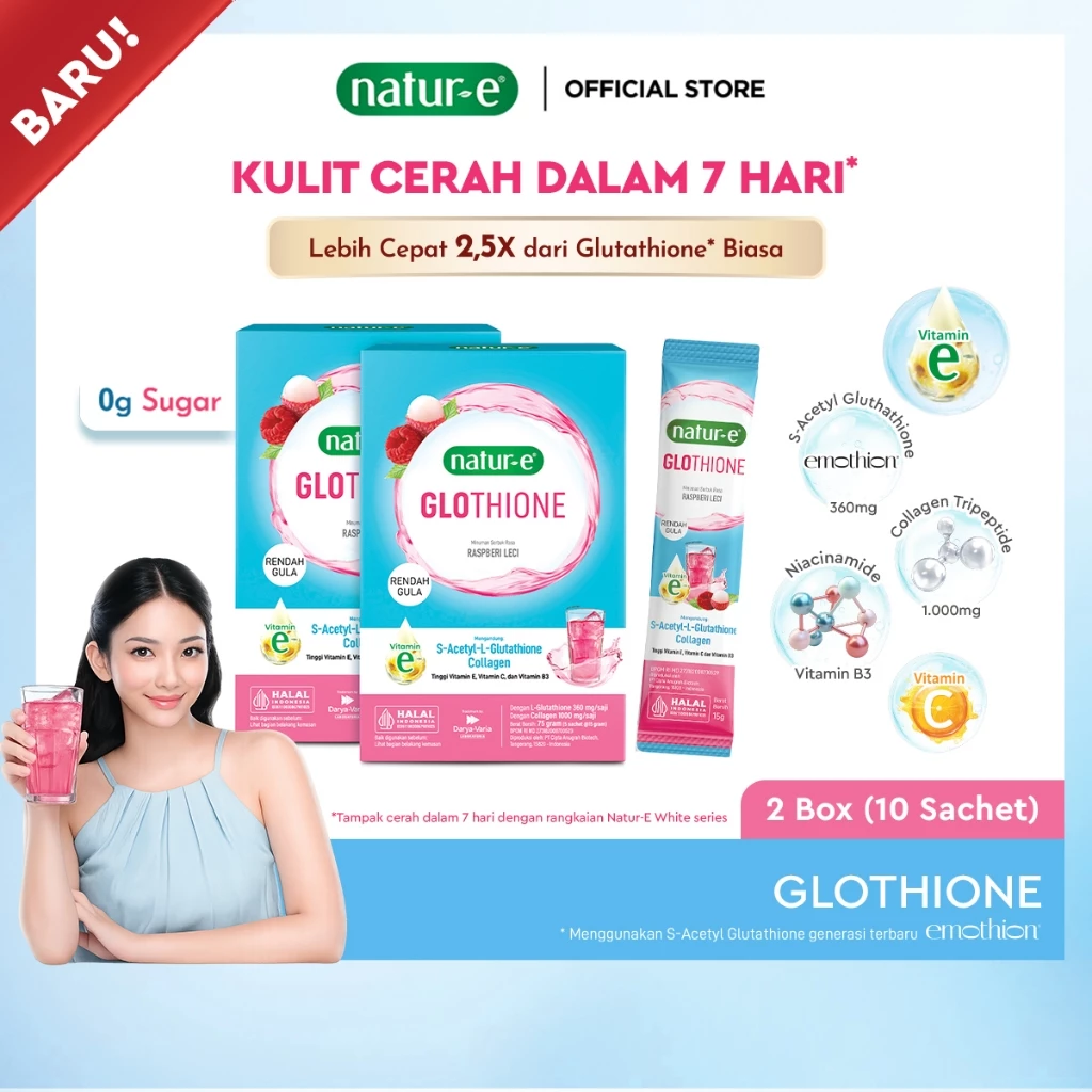 (NEW) Natur-E GLOTHIONE Glutathione Next-Gen Brightening Berry Collagen Drink 2 Box - Minuman Serbuk Collagen untuk kulit cerah dan bercahaya, Mengandung Glutathione, Vit. E, Vit. C, Vit. B3